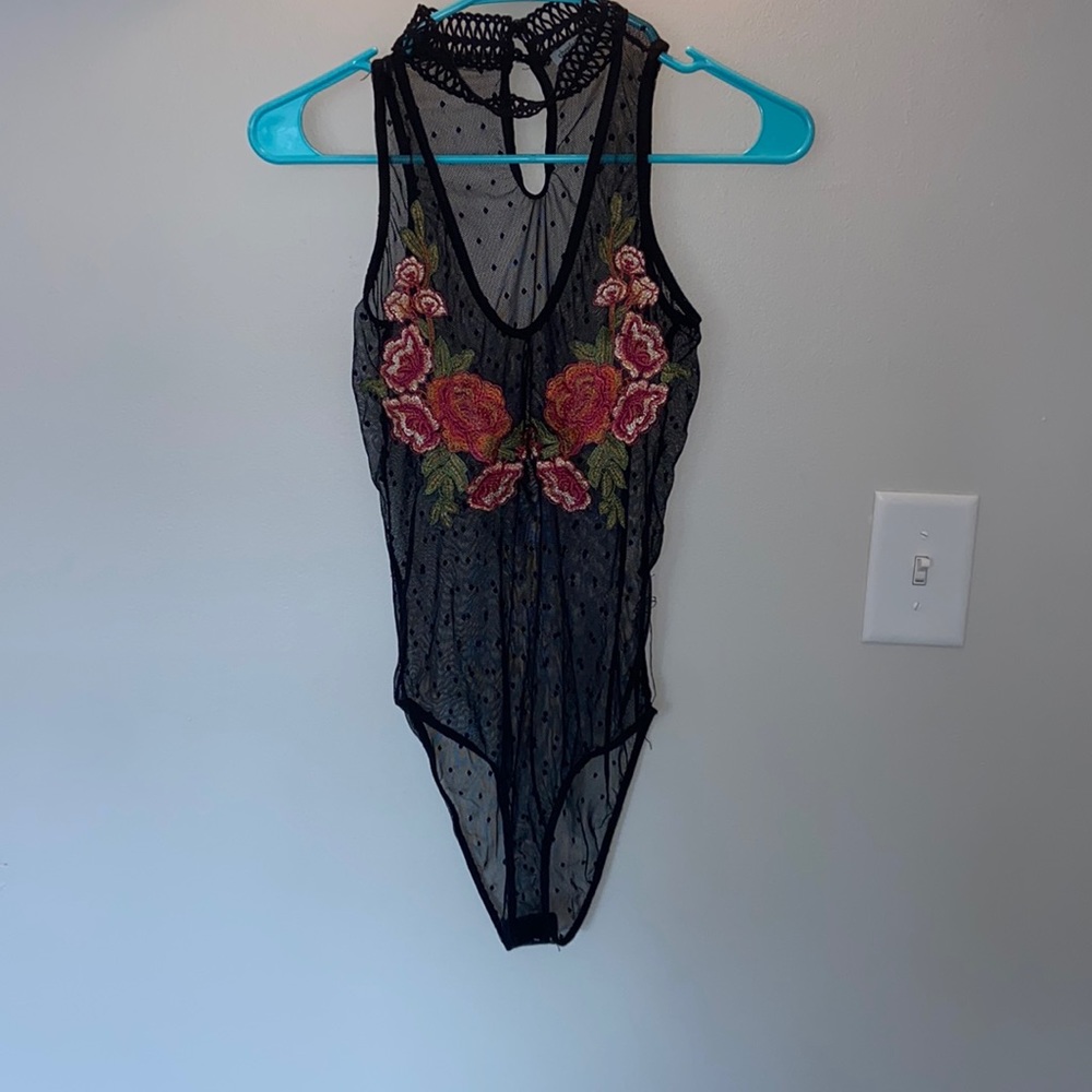 Beautiful black v-neck mesh body suit w/ black dots & embroider flowers on front
